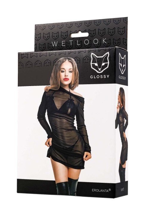 Glossy Sheril, set (dress, bra +panties), wetlook, black, L Glossy