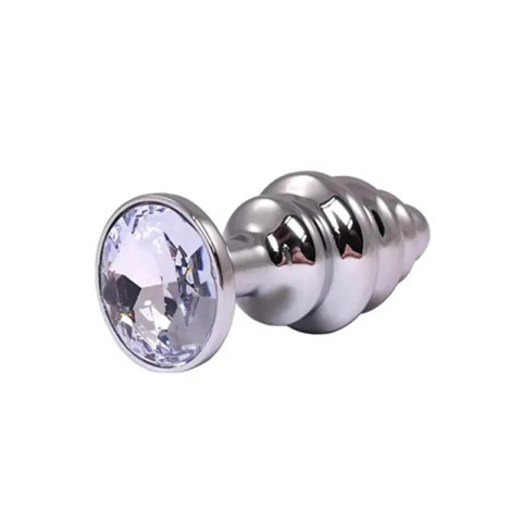Silver medium ribbed butt plug with white crystal Fantasy
