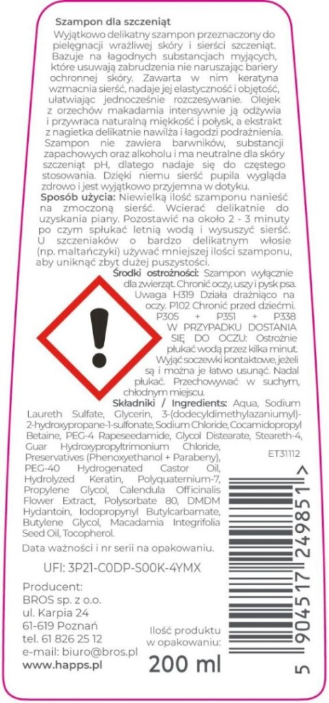 Bros Happs Szampon Pielęgnacyjny Dla Szczeniąt 200ml Bros Sp z o.o.