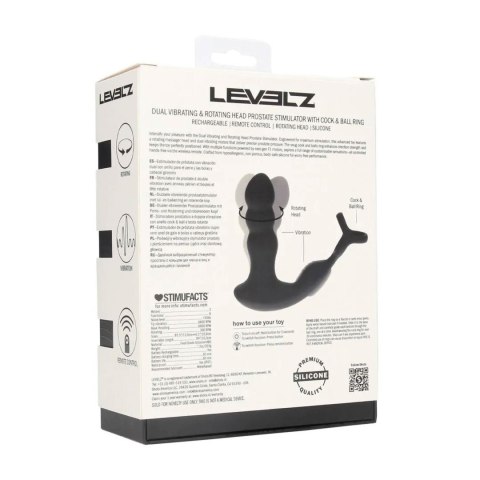 Dual Vibrating Remote Rotating Head Silicone Prostate Stimulator with Cock and Ball Ring - Black Levelz