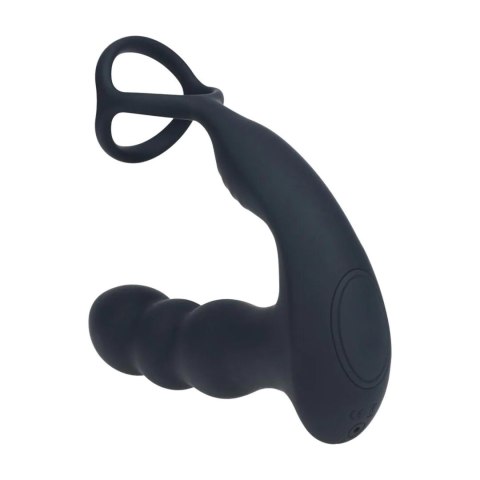 Dual Vibrating Remote Rotating Head Silicone Prostate Stimulator with Cock and Ball Ring - Black Levelz