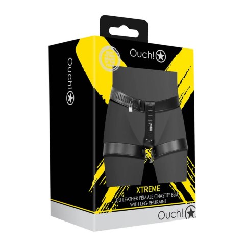 PU Leather Female Chastity Belt with Leg Restraint - Black Ouch!