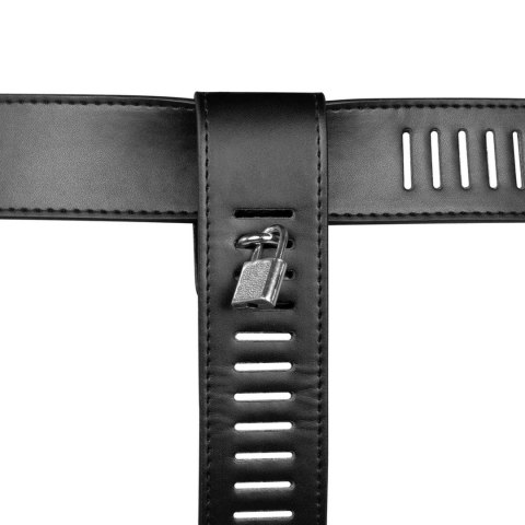 PU Leather Female Chastity Belt with Leg Restraint - Black Ouch!