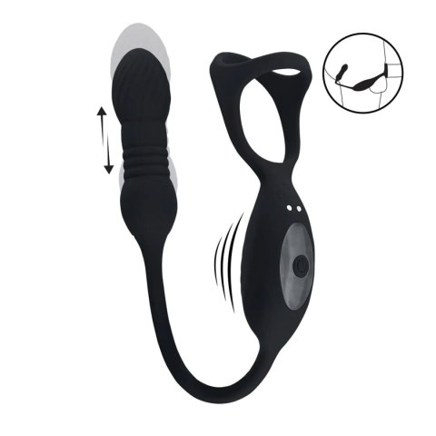 Vibrating and Thrusting Silicone Tri O Cockring with Prostate Stimulator - Black Levelz by Shots